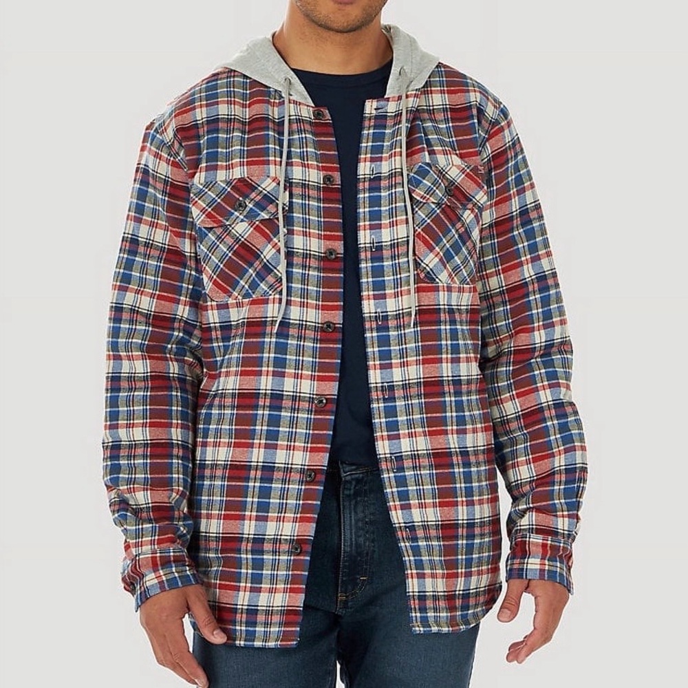 Wrangler Authentics Men's Long Sleeve Quilted Flannel Shirt Jacket with Hood